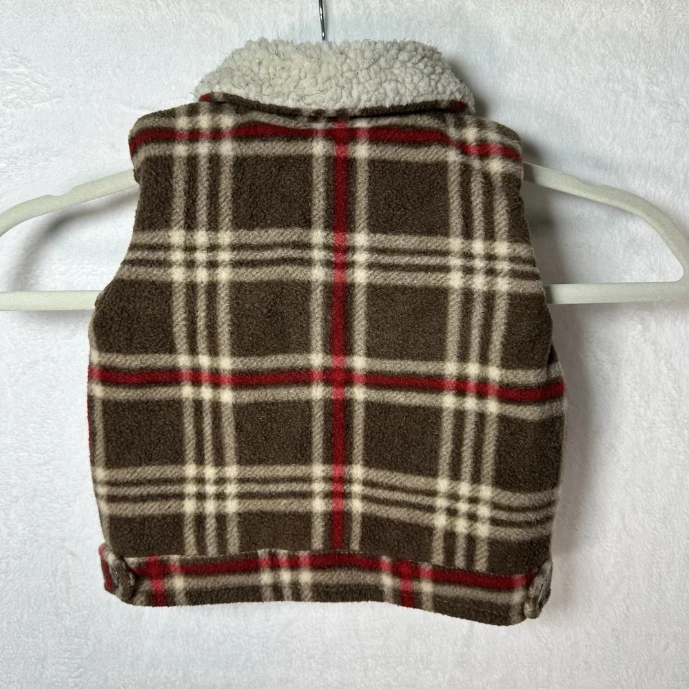 Kids Play 12M Plaid‎ Fleece Vest Brown Red Logging Truck Patch Lumberjack